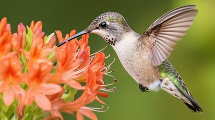 Naklejka premium Hummingbird Hovering Near Vibrant Orange Flower With Green Background