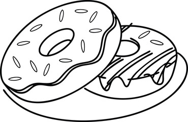 Outlined vector illustration of two delicious donuts on a plate ready to eat or share