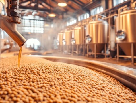 Close up of beer brewing process with malted barley and mash tun in brewery industrial setting