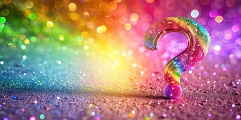 Pink question mark with rainbow colors surrounded by sparkles and glitter in a whimsical style
