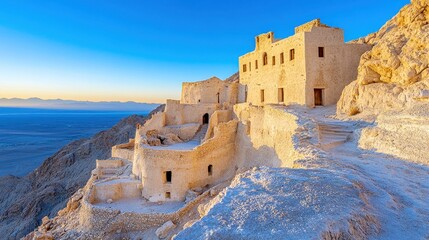Ancient Desert Ruins at Sunrise overlooking Vast Blue Horizon