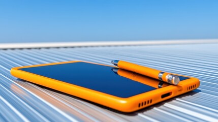 Bright Orange Smartphone with Pen on Metallic Surface Under Blue Sky
