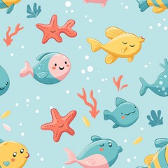 Fototapeta premium seamless pattern of pastel-colored cartoon fish and starfish on a soft aqua blue background