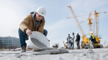 Construction Worker Pouring Concrete at Building Site
