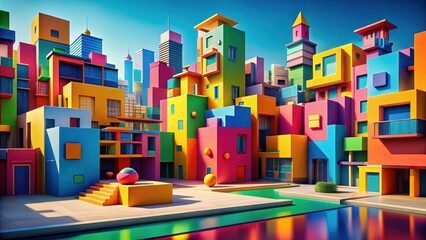 A vibrant urban landscape with bold geometric shapes and bright colors