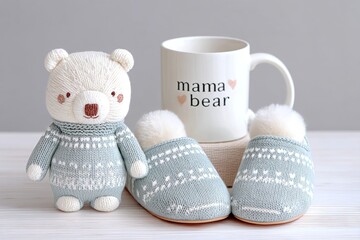 Soft blanket, slippers, and &acirc;&euro;&oelig;Mama Bear&acirc;&euro; mug in a cozy nook