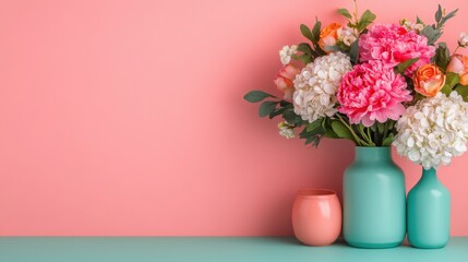 Fototapeta premium Colorful Floral Arrangement in Vases Against a Pink Background