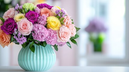 Obraz premium Colorful Floral Arrangement in Pastel Vase with Soft Background