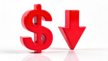 Fototapeta premium Red sparkling 3D dollar with down arrow on white mirrored background. Financial crisis, exchange rate, world economy