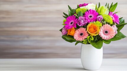 Fototapeta premium Vibrant Bouquet of Colorful Flowers in White Vase on Wooden Table