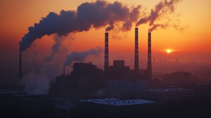Industrial landscape at sunset with smokestacks releasing emissions against a vibrant sky