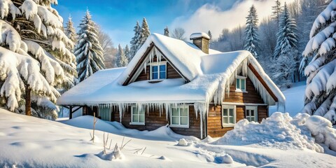 Fototapeta premium Snow-covered house with icy roof and frozen windows after a heavy snowstorm in a forested area