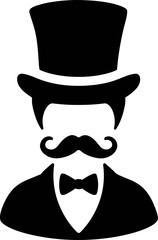 Silhouette vector illustration of a classic gentleman with a vintage style. The figure features a tall top hat, curly mustache, and bow tie, exuding elegance and timeless fashion. 