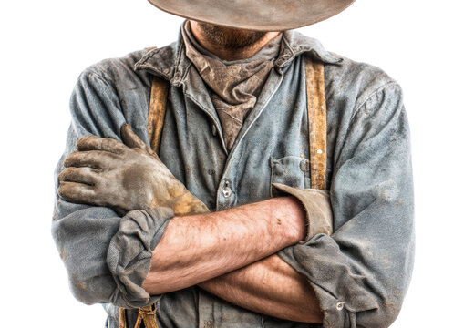 Rustic worker in worn clothes and gloves showcasing hard labor skills on a transparent background, cut out