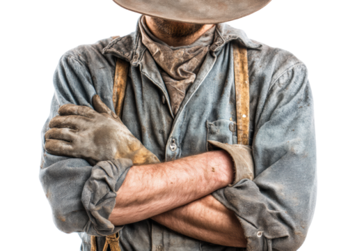 Rustic worker in worn clothes and gloves showcasing hard labor skills on a transparent background, cut out