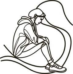 Simple black line art illustration of a pensive person sitting on the ground with sadness.
