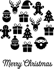 Minimalist black-and-white Christmas icon set featuring classic holiday elements such as Santa Claus, reindeer, Christmas trees, gift boxes, gingerbread men, Santa hat, and the text “Merry Christmas”