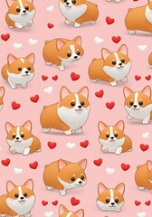 Obraz premium Cute Corgi Puppy Seamless Pattern, Pink Hearts Background