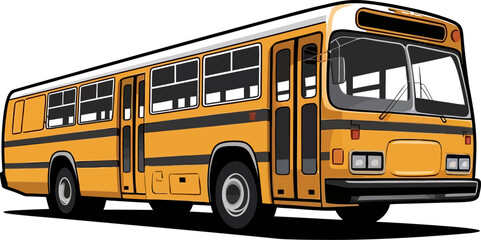 Vector illustration of a classic yellow city bus in a retro style, isolated on a white background. The design showcases detailed line work and bold color contrast, capturing the vintage aesthetic of p