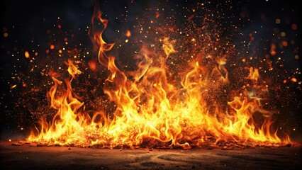 Flames engulfing space with vibrant ember particles over dark canvas