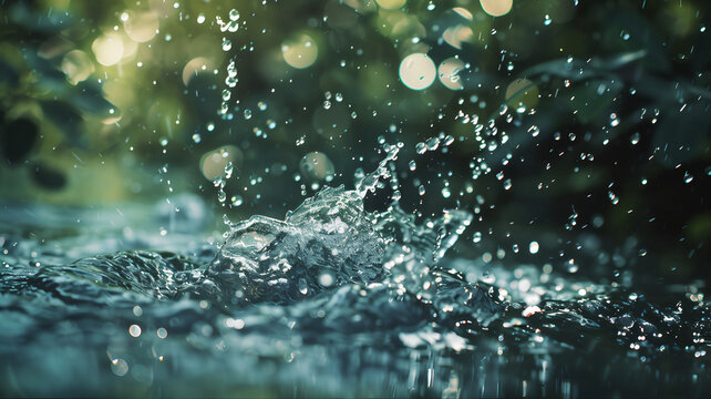 water droplet splash in the nature pool of water. falling drop in nature splash in motion. Blue rain drops  meaning of life on earth, rain falling fountain spray isolated hydroscopic splash