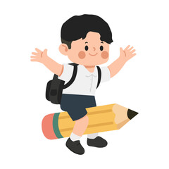 Cartoon Schoolboy Flying on a Pencil