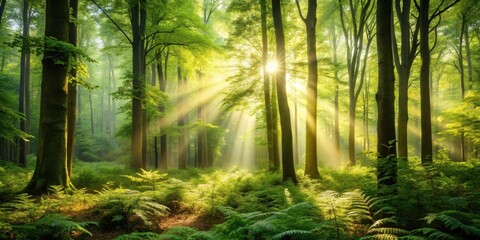 Obraz premium Sunbeams Illuminate a Verdant Forest Floor, Bathing Ancient Trees and Lush Ferns in Golden Light