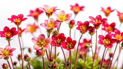 Delicate red saxifrage flowers blooming in alpine garden macro isolated on white background