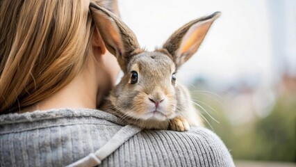 Cuteness overload as a pet rabbit snuggles into its owner's shoulder