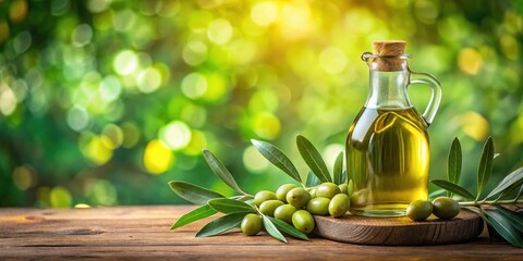 Extra Virgin Olive Oil in Glass Bottle on Green Bokeh Background