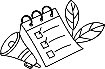 Checklist and megaphone representing announcement of action items and task completion