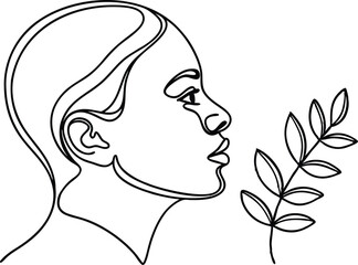 Minimalist line art illustration of a woman's profile with floral branch embellishment