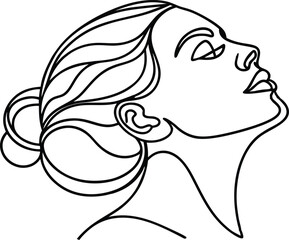 Elegant continuous line drawing depicting a woman's profile with artistic hair and expression