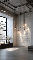 Soft white wall in an industrial loft with ceiling lights casting patterns.