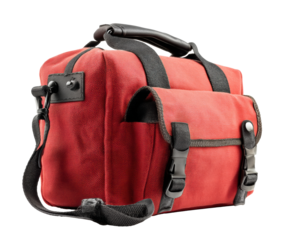 Stylish red canvas messenger bag for everyday use and travel on a transparent background, cut out