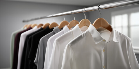 Obraz premium Neatly Hung Dress Shirts on Wooden Hangers 