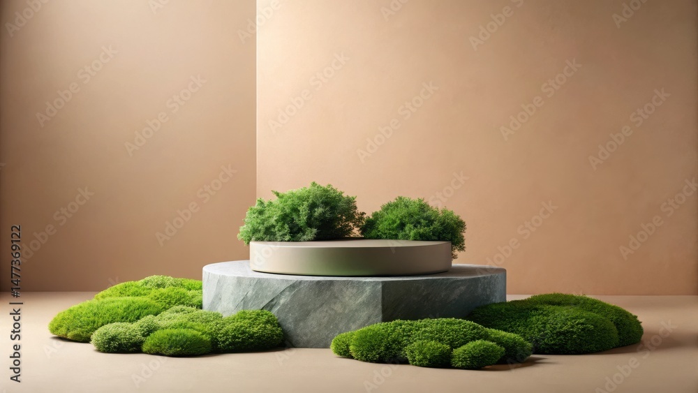 Aufkleber serene minimalist display featuring a circular pedestal adorned with lush greenery against a neutral