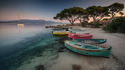 Fototapeta premium Colorful boats on pebble beach, Mediterranean coast at dawn. Serene coastal harmony in morning light.