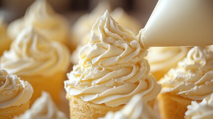 Cupcakes Being Frosted with White Icing