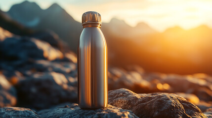 Obraz premium A close-up of an unbranded stainless steel water bottle with a metallic-colored cap, resting on smooth rocks in front of the mountains at sunrise.