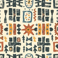 seamless pattern of primitive tribal geometric motifs, hand-drawn lines and shapes, earth color palette