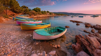 Fototapeta premium Colorful boats on pebble beach, Mediterranean coast at dawn. Serene coastal harmony in morning light.