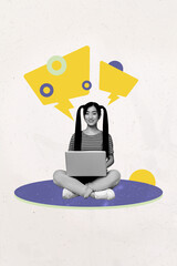Art image vertical photo collage of happy girl guy hold laptop type message communication icon...