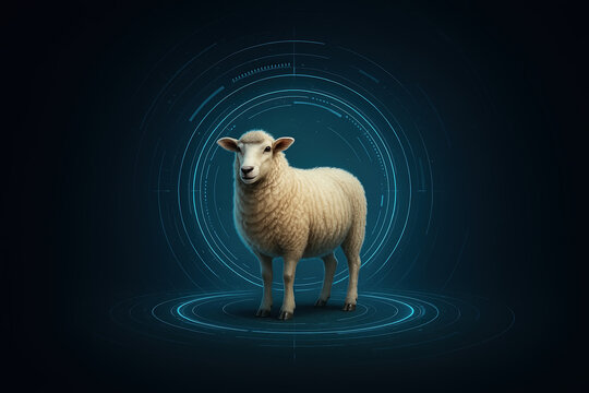 Futuristic Digital Cloning Concept with Sheep in Blue Neon Circle Reflecting Genetic Engineering and Biotechnology Themes