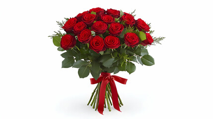 Romantic bouquet of fifteen deep red roses tied with a red ribbon, isolated on white background. Perfect for Valentine's Day, anniversaries, or romantic gestures.