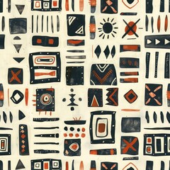 seamless pattern of primitive tribal geometric motifs, hand-drawn lines and shapes, earth color palette