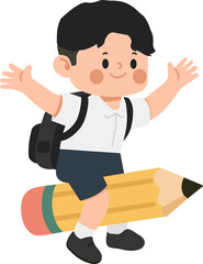 Cartoon Schoolboy Flying on a Pencil Illustration
