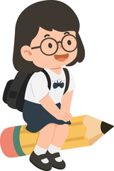 Illustration of Schoolgirl Sitting on Pencil cartoon