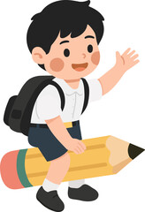 Illustration of School Boyl Riding Pencil cartoon