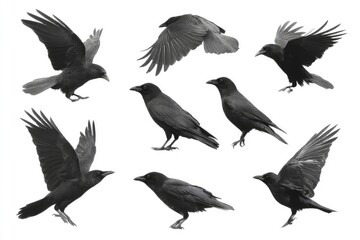 Various collection of black crow flying and sitting isolated on white background